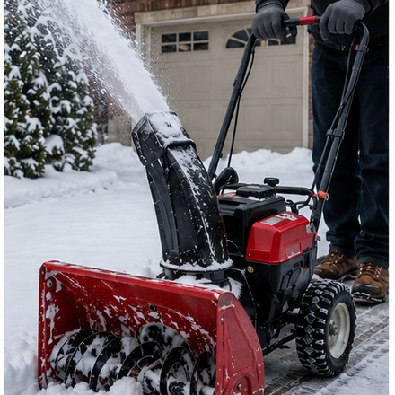 Clearing a snowy driveway with a snow blower